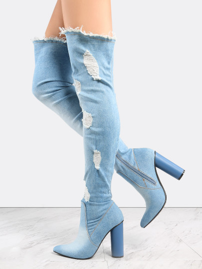 Pointed Toe Distressed Denim Boots DENIM