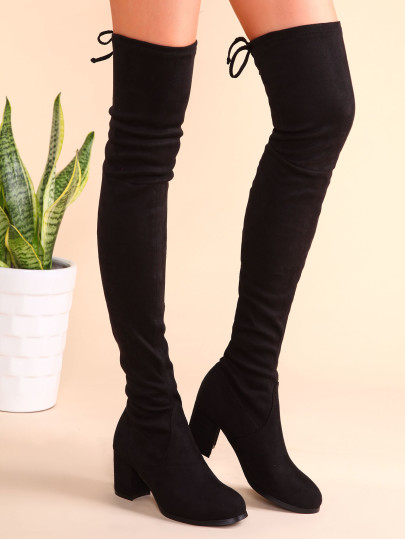 Black Suede Tie Back Chunky Heel Thigh High Boots