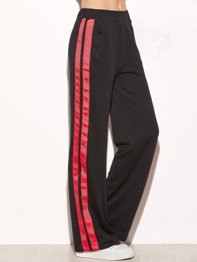 Black Side Striped Zip Pocket Wide Leg Pants