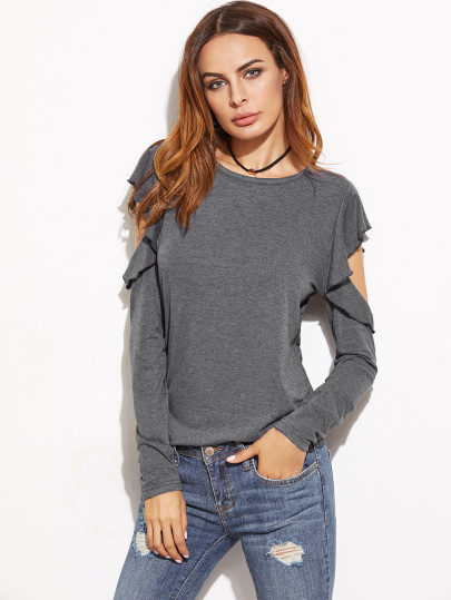 T-shirt Rüschen Cut-Outs Schulter-hell grau