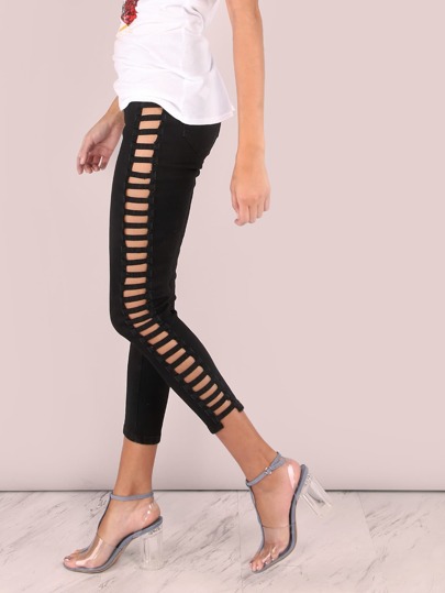 High Waisted Open Bar Denim Capris Skinnies BLACK