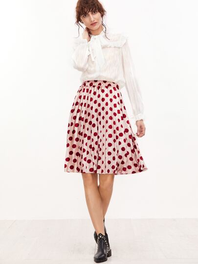 Burgundy Polka Dot Print Pleated Skirt