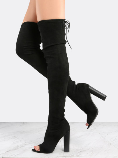 Black Suede Peep Toe Chunky Heel Over The Knee Boots