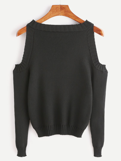 Black Open Shoulder Long Sleeve Sweater