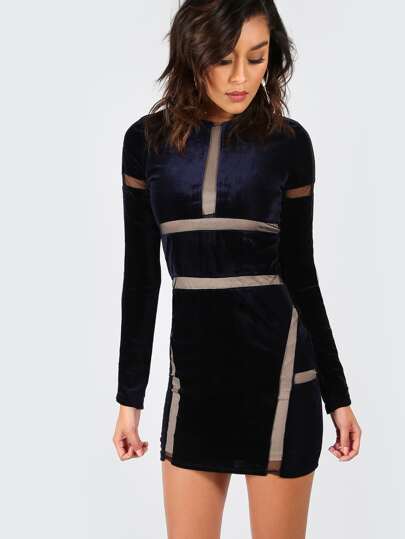Sleeved Velvet Mini Mesh Dress NAVY
