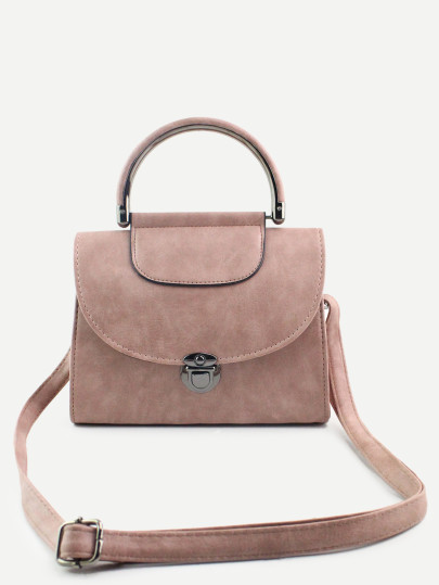 Pink PU Pushlock Closure Flap Handbag With Strap