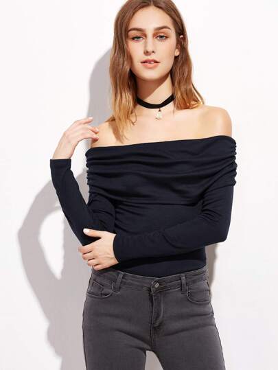 Navy Ruched Off The Shoulder Cutout Lace Up Back T-shirt