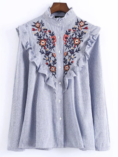 Blusa a rayas con bordado floral y volantes - azul