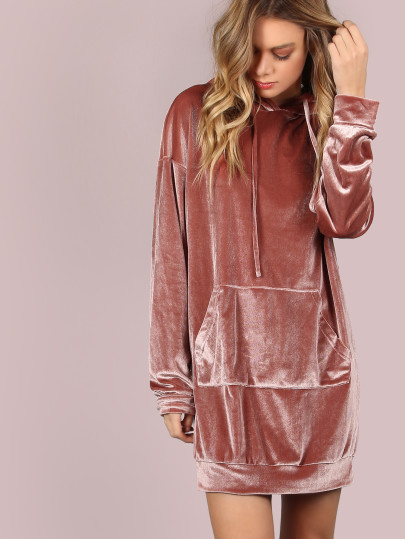 Robe à capuche à l'épaule laissé avec poche devant -rose