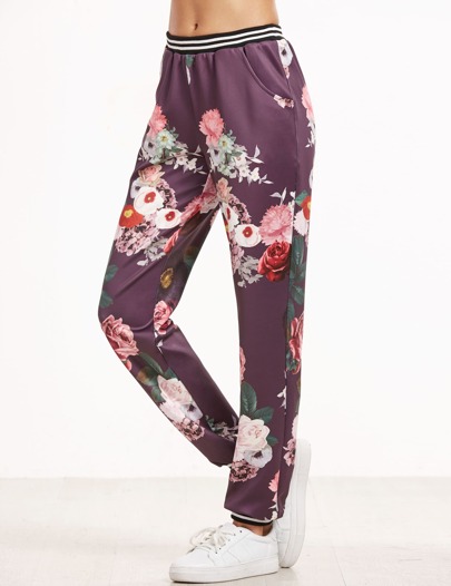 Purple Flower Print Striped Trim Pants