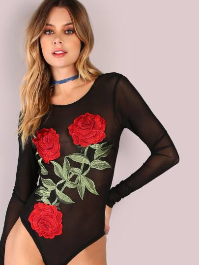 Overall langarm Mesh Rose Stickereien -schwarz