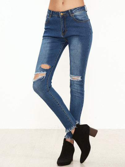 Skinny Jeans mit Knie Zerrissen Design -blau
