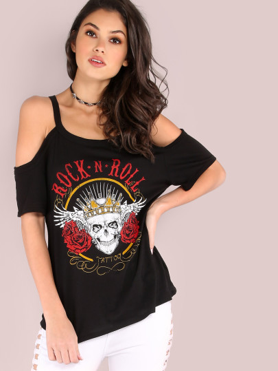 T-Shirt à l'épaule fendue graphique de crâne -noir