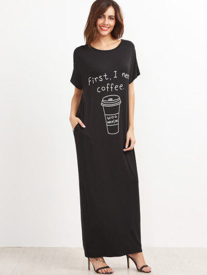 Graphic Print Tee Dress With Side Pocket