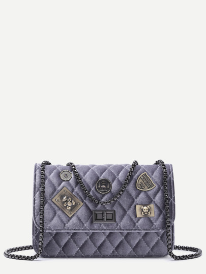 Purple Grey Embellished Boxy Quilted Crossbody Chain Bag