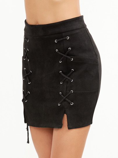 Suede M Slit Grommet Lace Up Fitted Skirt