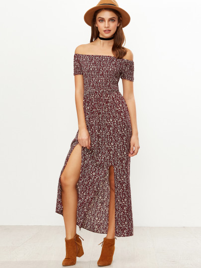 Shirred Slit Front Calico Print Dress