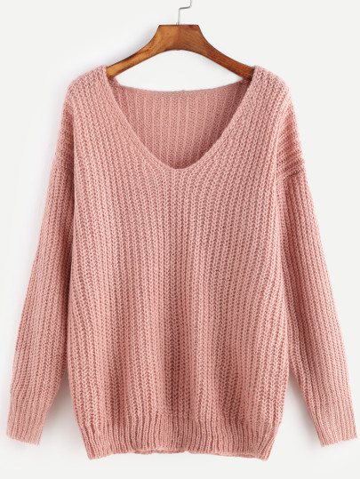 Maglione Spalle Cascanti Scollo V A Coste - Rosa