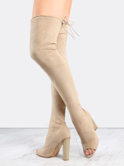 Nude Suede Peep Toe Chunky Heel Over The Knee Boots