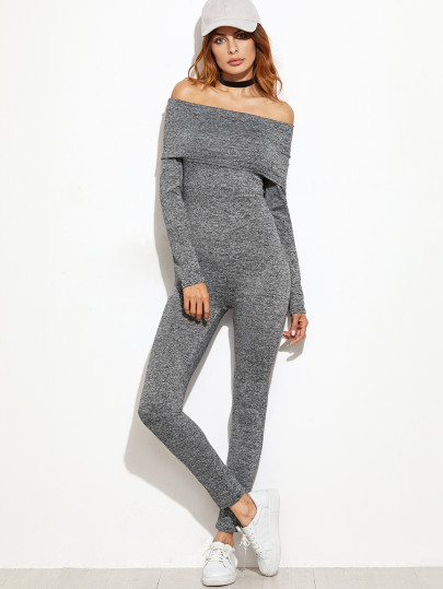 Grey Marled Foldover Off The Shoulder Skinny Jumpsuit