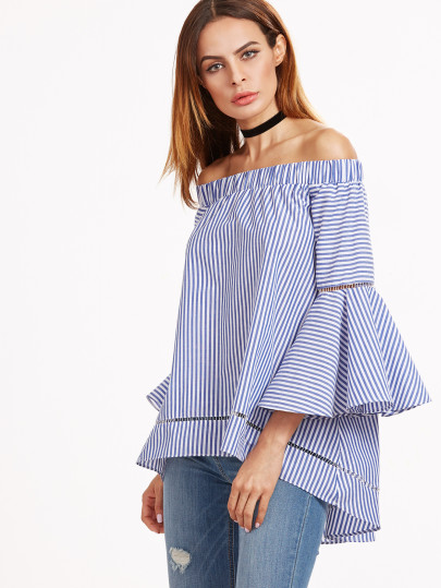 Bardot Trumpet Sleeve Striped Blouse