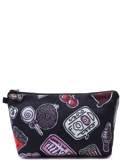 Neceser de maquillaje coméstico portátil con estampado de caricatura - negro