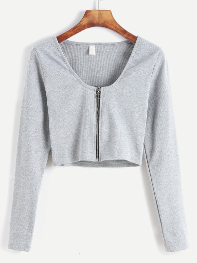 Pale Grey Zip Up Front Crop T-shirt