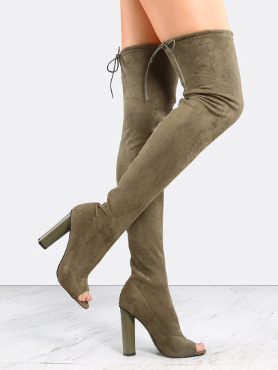 Olive Green Suede Peep Toe Chunky Heel Over The Knee Boots