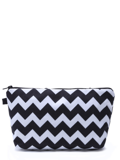 Sac à maquillage géométrique imprimé en vague - noir et blanc