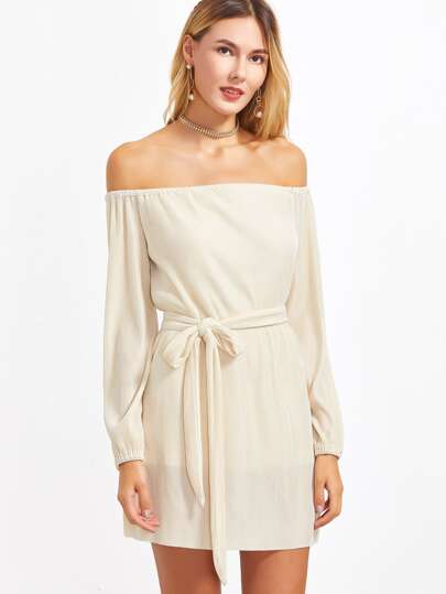 Apricot Off The Shoulder Cord Dress With Self Belt