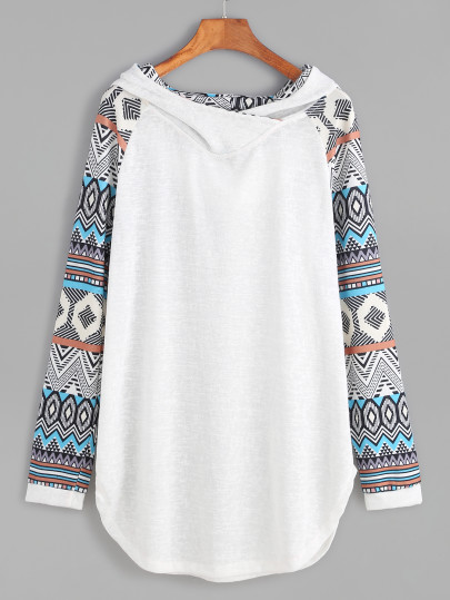 Kapuzensweatshirt Kontrast Raglan Ärmel abgerundetem Saum