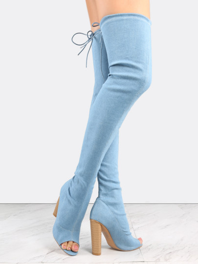 Blue Denim Peep Toe Chunky Heel Over The Knee Boots