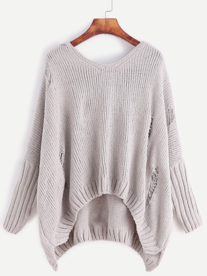 Pale Grey Ripped High Low Hooded Frayed Sweater