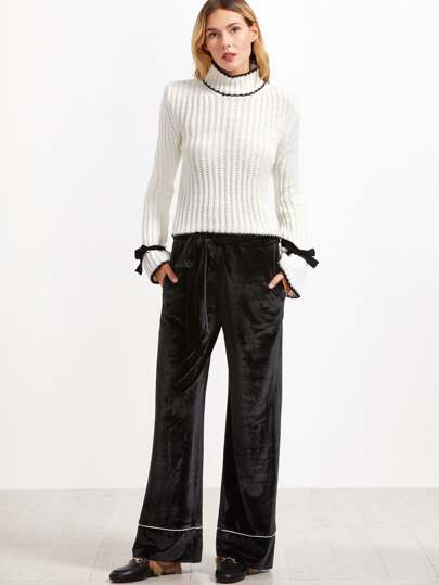 Black Self Belt Contrast Piping Wide Leg Velvet Pants