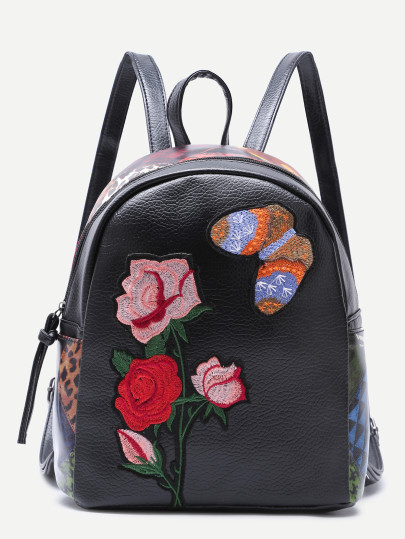 Sac à dos en PU brodé papillon et rose -noir