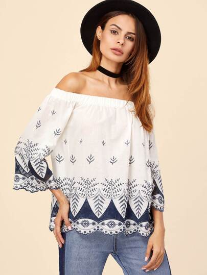 White Off The Shoulder Scallop Hem Eyelet Embroidered Top