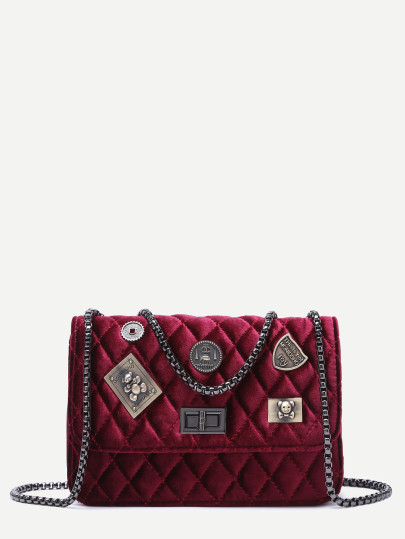 Maroon Embellished Boxy Quilted Crossbody Chain Bag