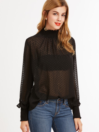 Sheer Dotted Blouse With Smocked Detail