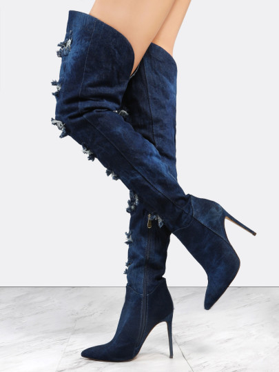 Distressed Stiletto Thigh High Boots DARK DENIM