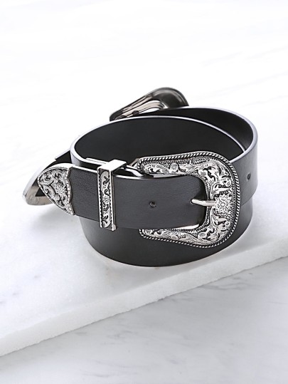 Black Double Vintage Carved Buckle Belt