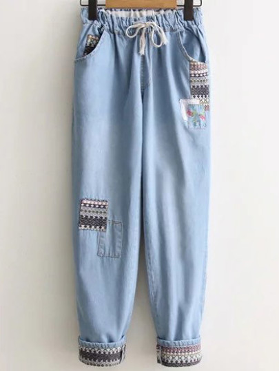 Denim Hosen Tribal Muster Tunnelzug-hell blau