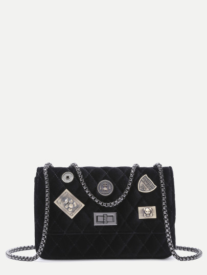 Black Embellished Boxy Quilted Crossbody Chain Bag