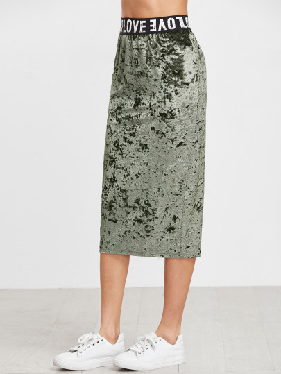Jupe velours imprimé logo sur taille -vert olive