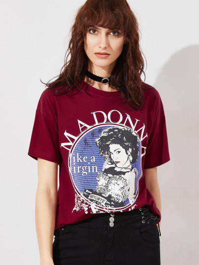 T-shirt imprimé graphique à manches longues -bordeaux rouge