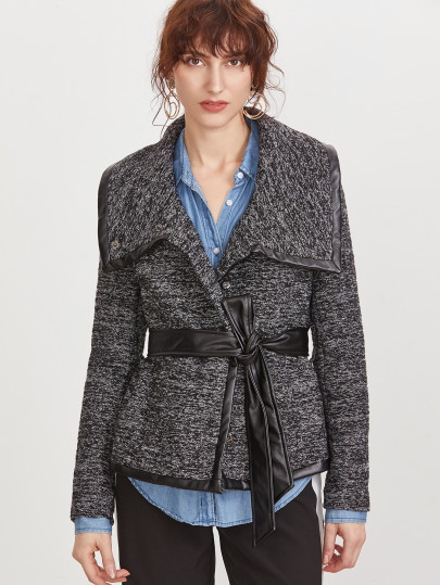 Black Marled Knit Faux Leather Binding Belted Jacket