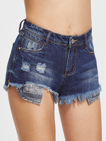Frayed Trim Asymmetric Denim Shorts