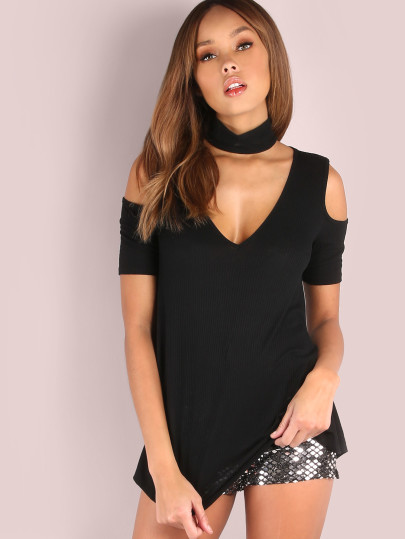 Cutout Choker Neck Open Shoulder T-shirt