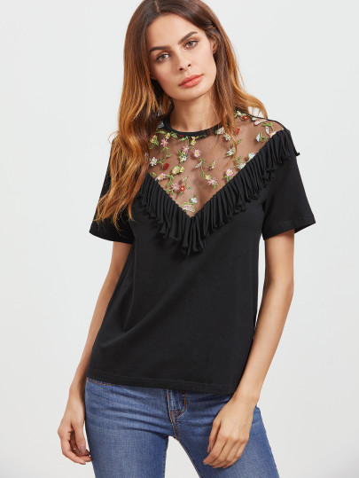 T-shirt franges élancé brodé de maille à col en V -noir