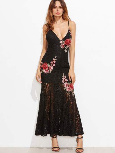 Embroidered Rose Applique Lace Overlay Fishtail Cami Dress