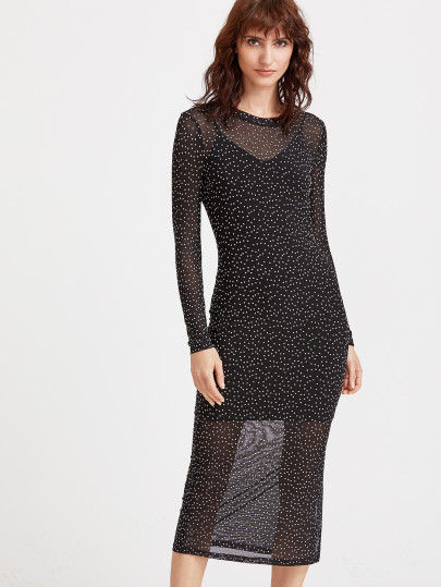 Schwarzes Tupfen-Druck-Seitenschlitz-Hüllen-Kleid mit Cami